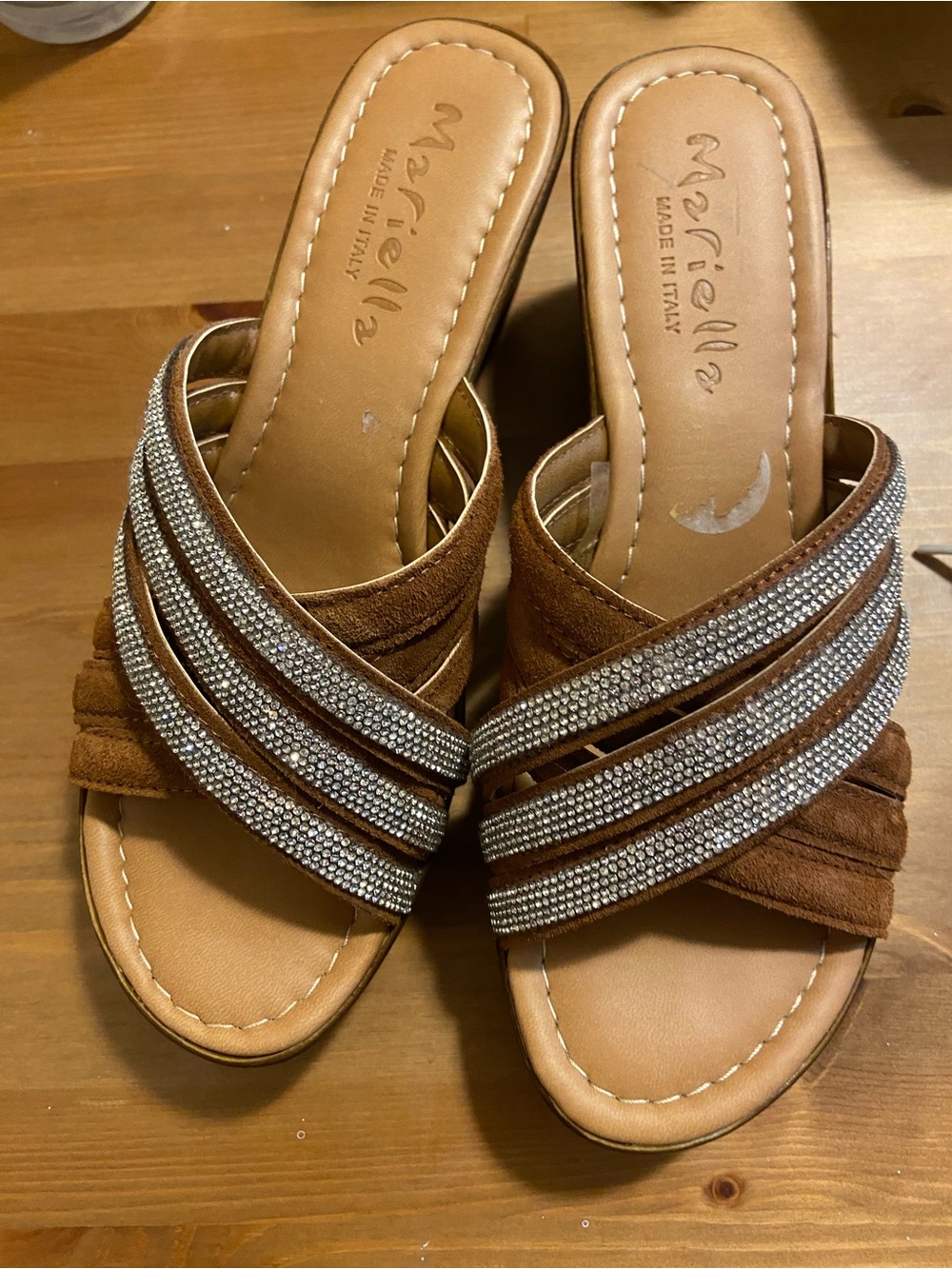 MARELLA Brown Suede Slide Sandals with Rhinestone Straps